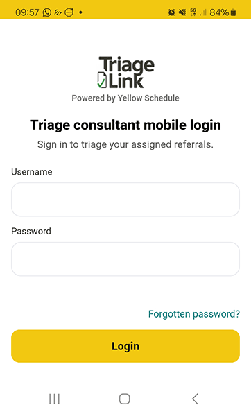 Triage Link mobile sign-in screen