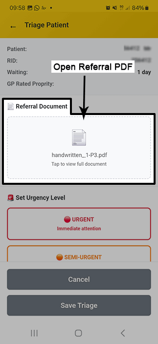 Triage screen with actions highlighted