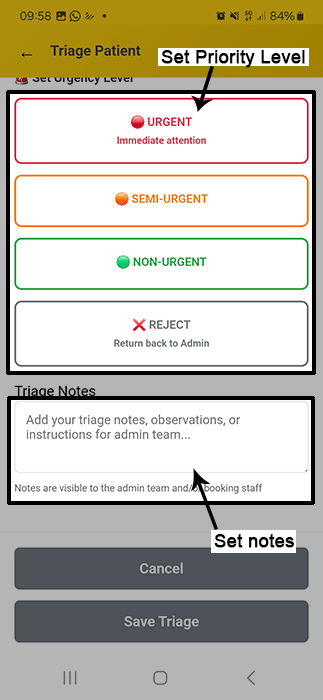 Triage screen with actions highlighted