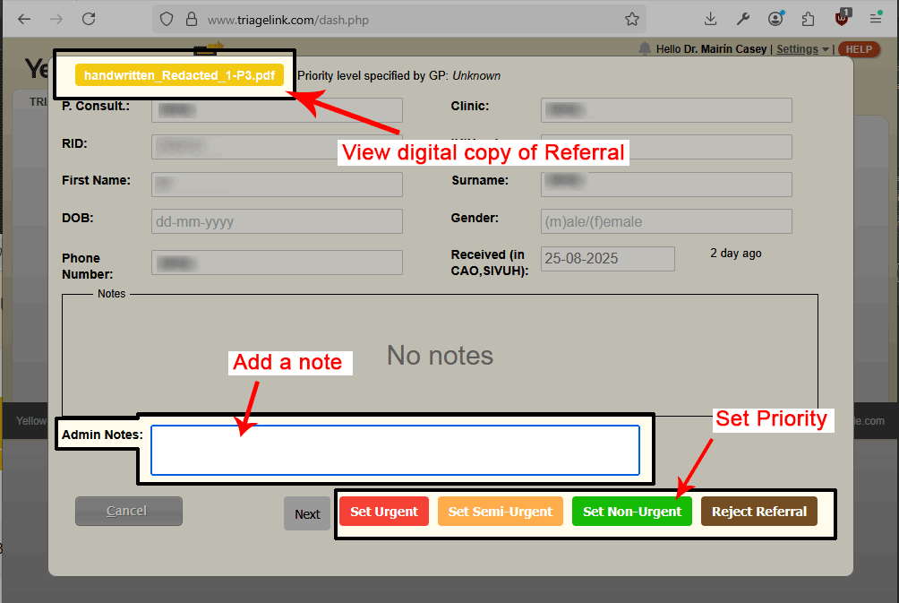 Triage screen with actions highlighted
